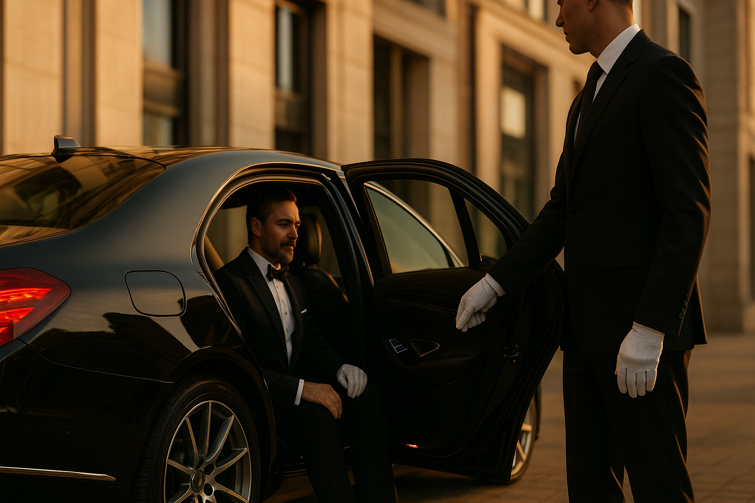 Professional chauffeur opening the door of a luxury sedan